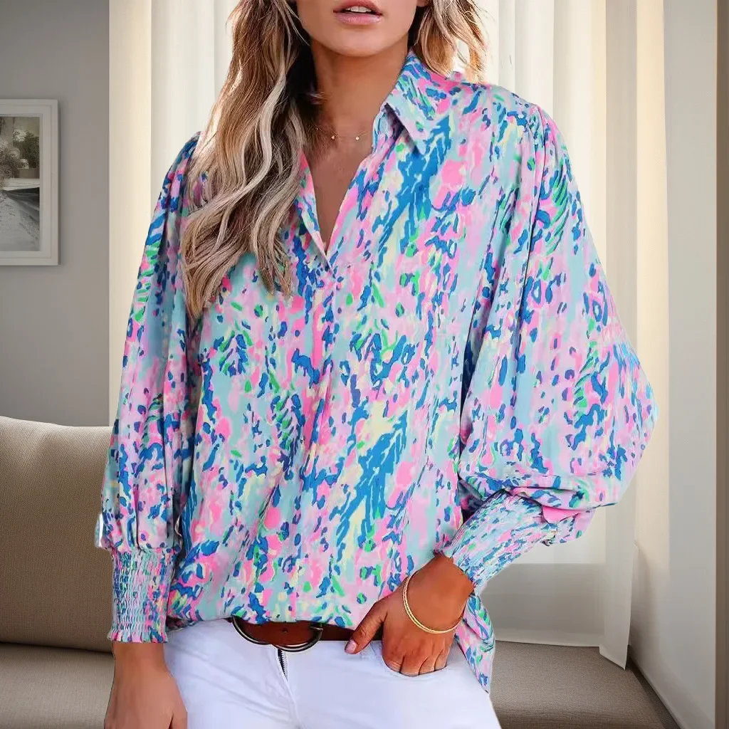 Europe, America 2025 spring and summer new women's long-sleeved printed top lapel lantern sleeve shirt women
Europe, America 2025 spring and summer new women's long-sleeved printed top lapel lantern sleeve shirt women
