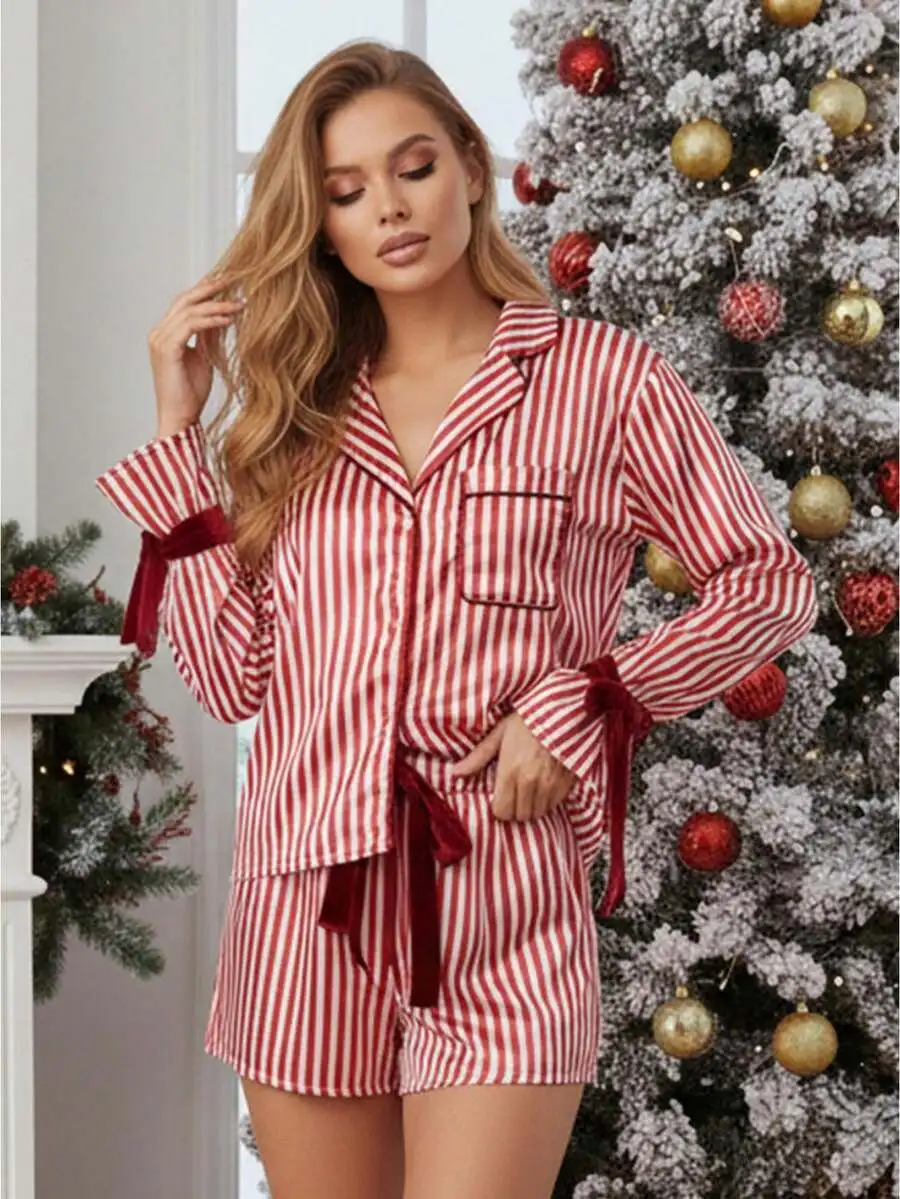 Womens Red White Striped Pajama Set With Bow Tie Long Sleeve Lapel Top And Drawstring Shorts
Womens Red White Striped Pajama Set With Bow Tie Long Sleeve Lapel Top And Drawstring Shorts