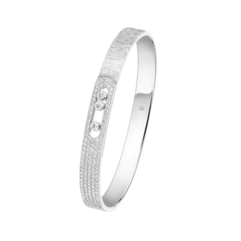 Silver Plated Brushed & Paved Bangle, Three Floating Stones Oval Slider Cuff Bracelet
Silver Plated Brushed & Paved Bangle, Three Floating Stones Oval Slider Cuff Bracelet