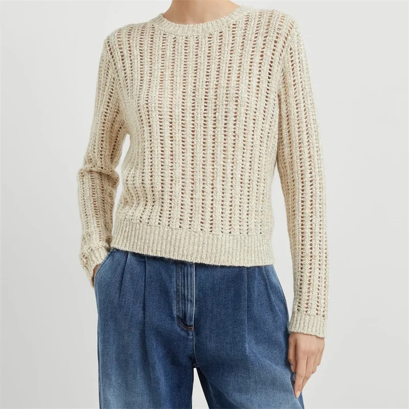 Women's sweater 2025 Autumn New elastic knitted hollow out long sleeved top Wool blend round neck pullover Sequin blend Knitwear
Women's sweater 2025 Autumn New elastic knitted hollow out long sleeved top Wool blend round neck pullover Sequin blend Knitwear