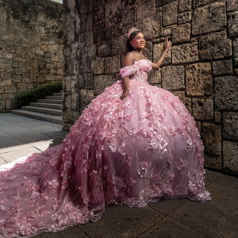 Customized Pink Quinceanera Dresses Ball Gown Off The Shoulder Applique Flower Beads Crystal Tull Party Birthday Sweet 16 Vestid
Customized Pink Quinceanera Dresses Ball Gown Off The Shoulder Applique Flower Beads Crystal Tull Party Birthday Sweet 16 Vestid