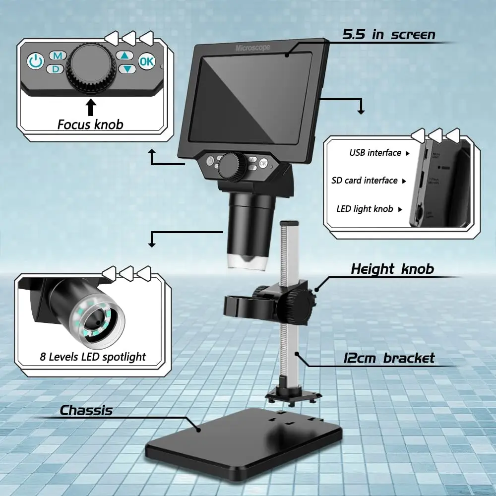 4.3'' 1080P 10 Megapixels HD Screen Camera Video Recorder,1-1000X Magnification Zoom Wireless USB Stereo LCD Digital Microscope
4.3'' 1080P 10 Megapixels HD Screen Camera Video Recorder,1-1000X Magnification Zoom Wireless USB Stereo LCD Digital Microscope