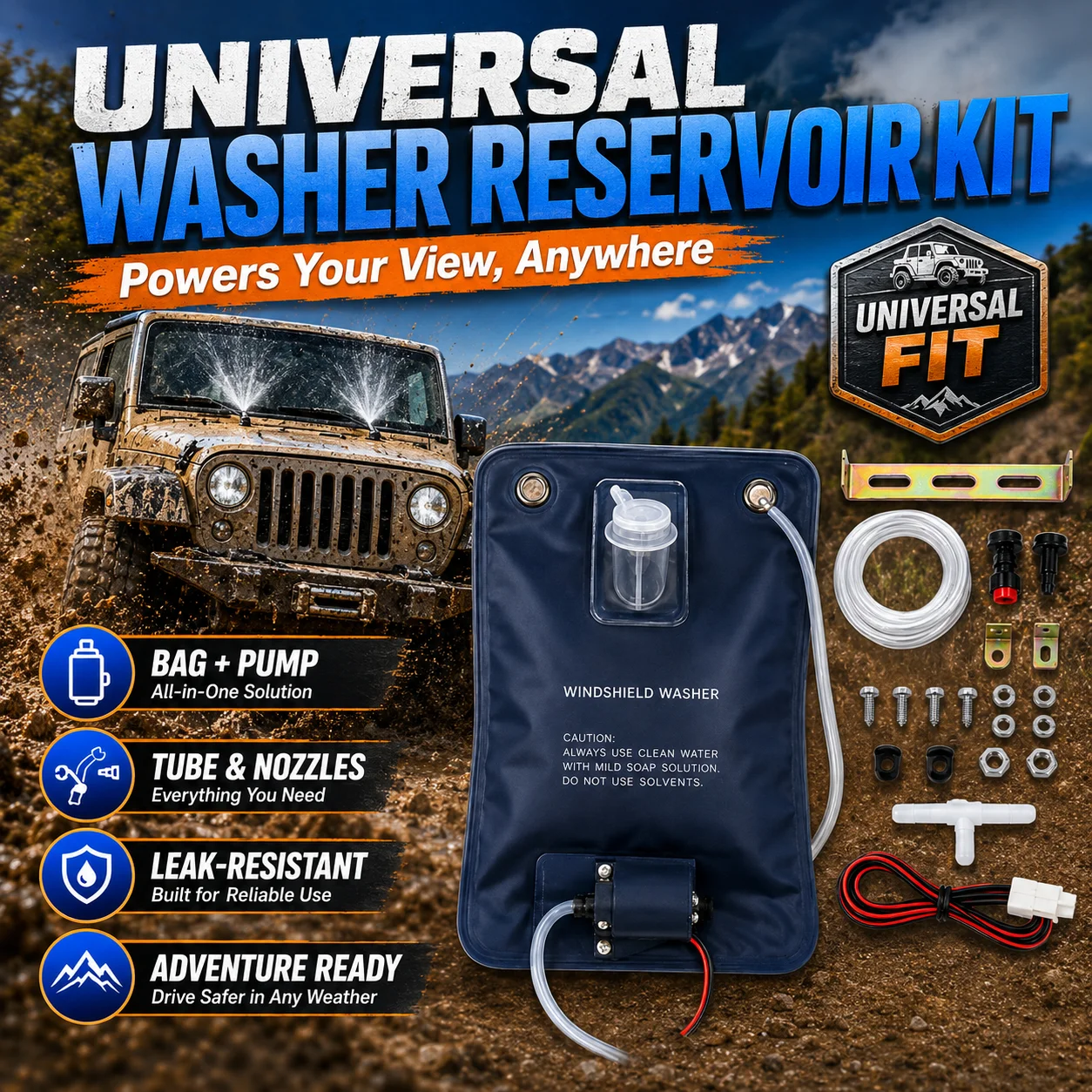 12V Universal Washer Reservoir Bag Kit Including Pump, Hose and Spray Nozzle, Compact Fluid Storage System for Windshield Cleaning, Easy to Install Replacement Accessory for Cars, Trucks, SUVs and RVs
12V Universal Washer Reservoir Bag Kit Including Pump, Hose and Spray Nozzle, Compact Fluid Storage System for Windshield Cleaning, Easy to Install Replacement Accessory for Cars, Trucks, SUVs and RVs