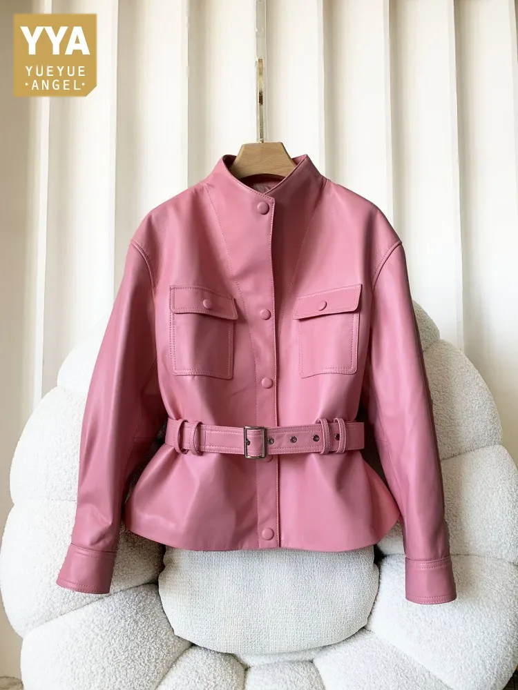 Womens High Quality Belt Natural Sheepskin Short Jacket Pocket Stand Collar Genuine Leather Jackets Single Breasted Slim Coats
Womens High Quality Belt Natural Sheepskin Short Jacket Pocket Stand Collar Genuine Leather Jackets Single Breasted Slim Coats