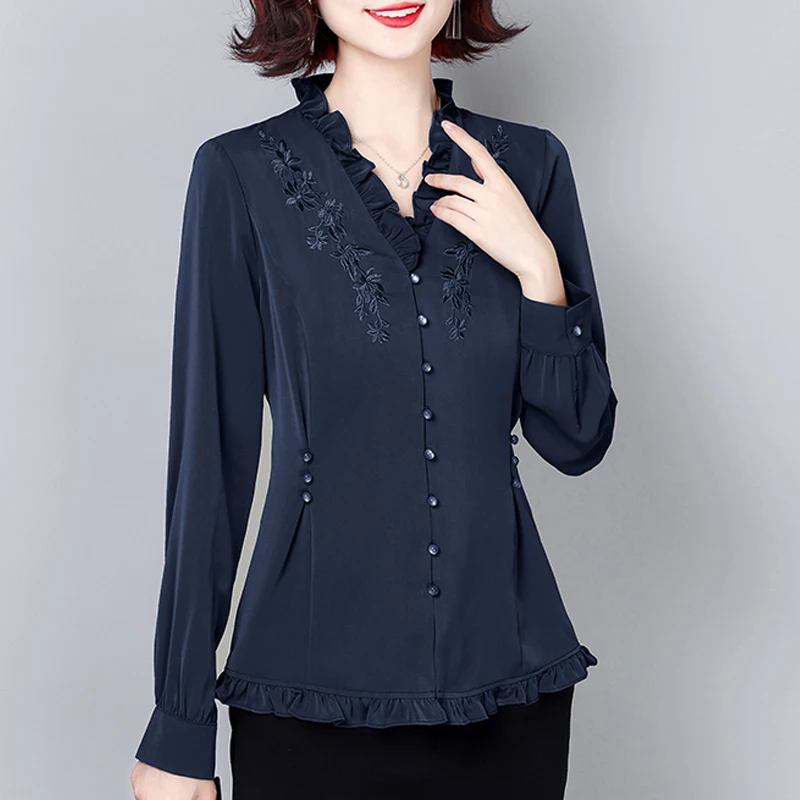 Women's V-neck Shirt Elegant Embroidery Long Sleeve Slim Waist Casual Tops Fashion Women Blouses 2025
Women's V-neck Shirt Elegant Embroidery Long Sleeve Slim Waist Casual Tops Fashion Women Blouses 2025