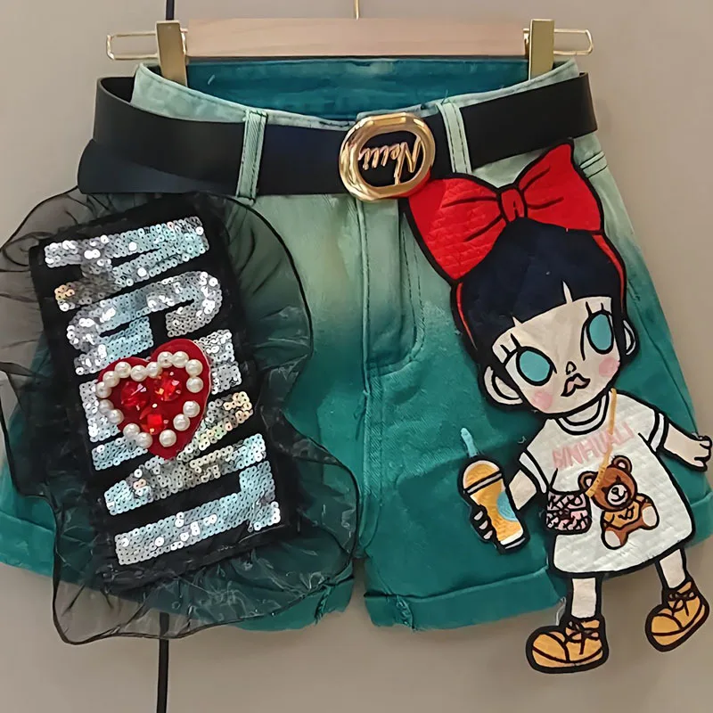 2023 Spring/Summer Cartoon Sequins Denim Shorts Women's Wide Leg High Waist Loose and Straight Hot Pants
2023 Spring/Summer Cartoon Sequins Denim Shorts Women's Wide Leg High Waist Loose and Straight Hot Pants