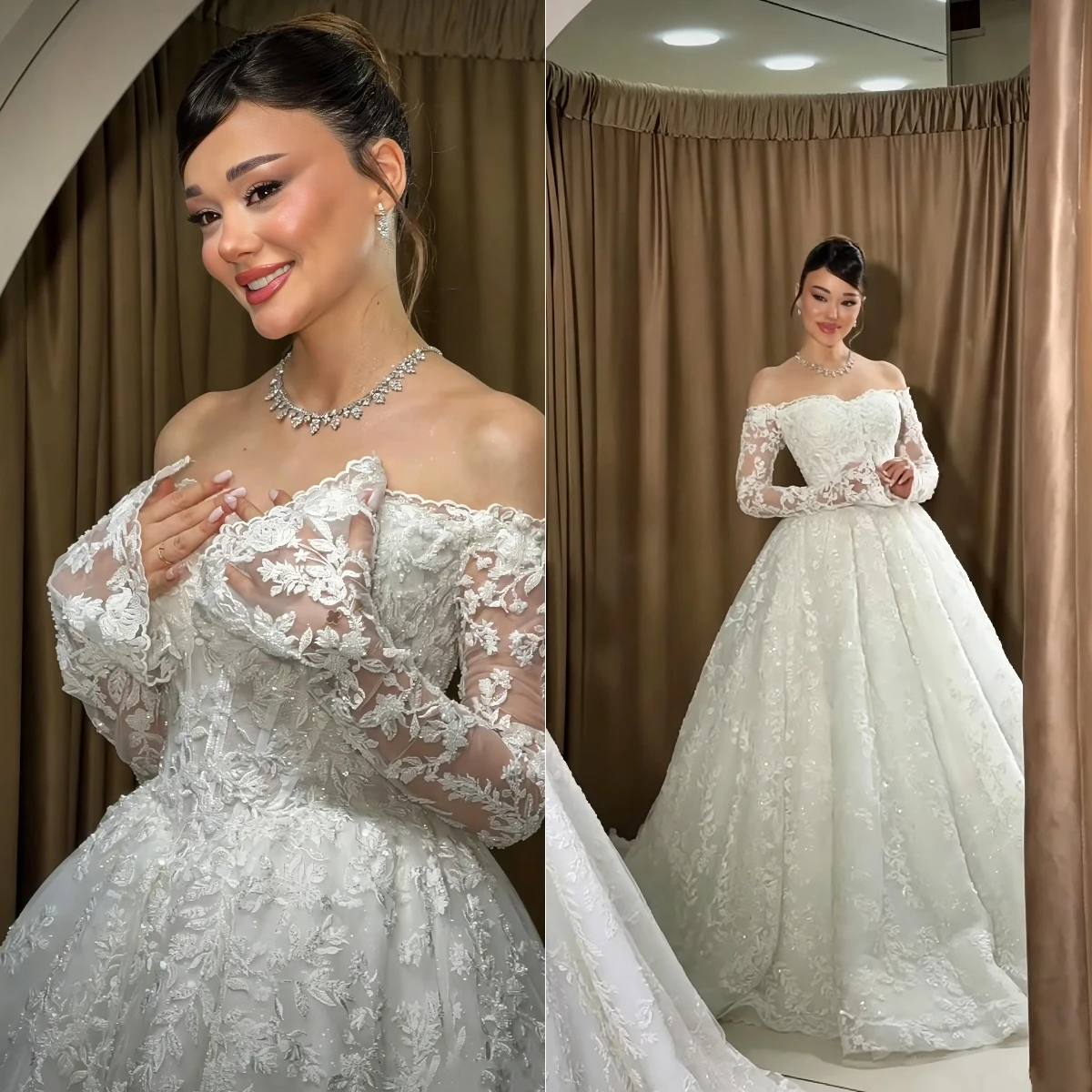 Off The Shoulder Ball Gown Wedding Dress Long Bell Sleeve 3D Floral Lace Corset Fitted Bridal Gown Vestido De Novia Customized
Off The Shoulder Ball Gown Wedding Dress Long Bell Sleeve 3D Floral Lace Corset Fitted Bridal Gown Vestido De Novia Customized