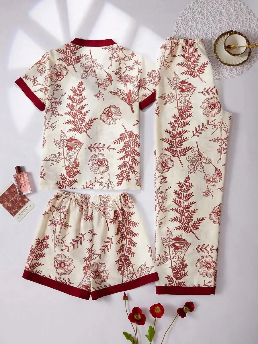 3-Piece Womens Loose Floral Print Pajama Set With Short Sleeve Top And Shorts Pants For Spring Summer
3-Piece Womens Loose Floral Print Pajama Set With Short Sleeve Top And Shorts Pants For Spring Summer