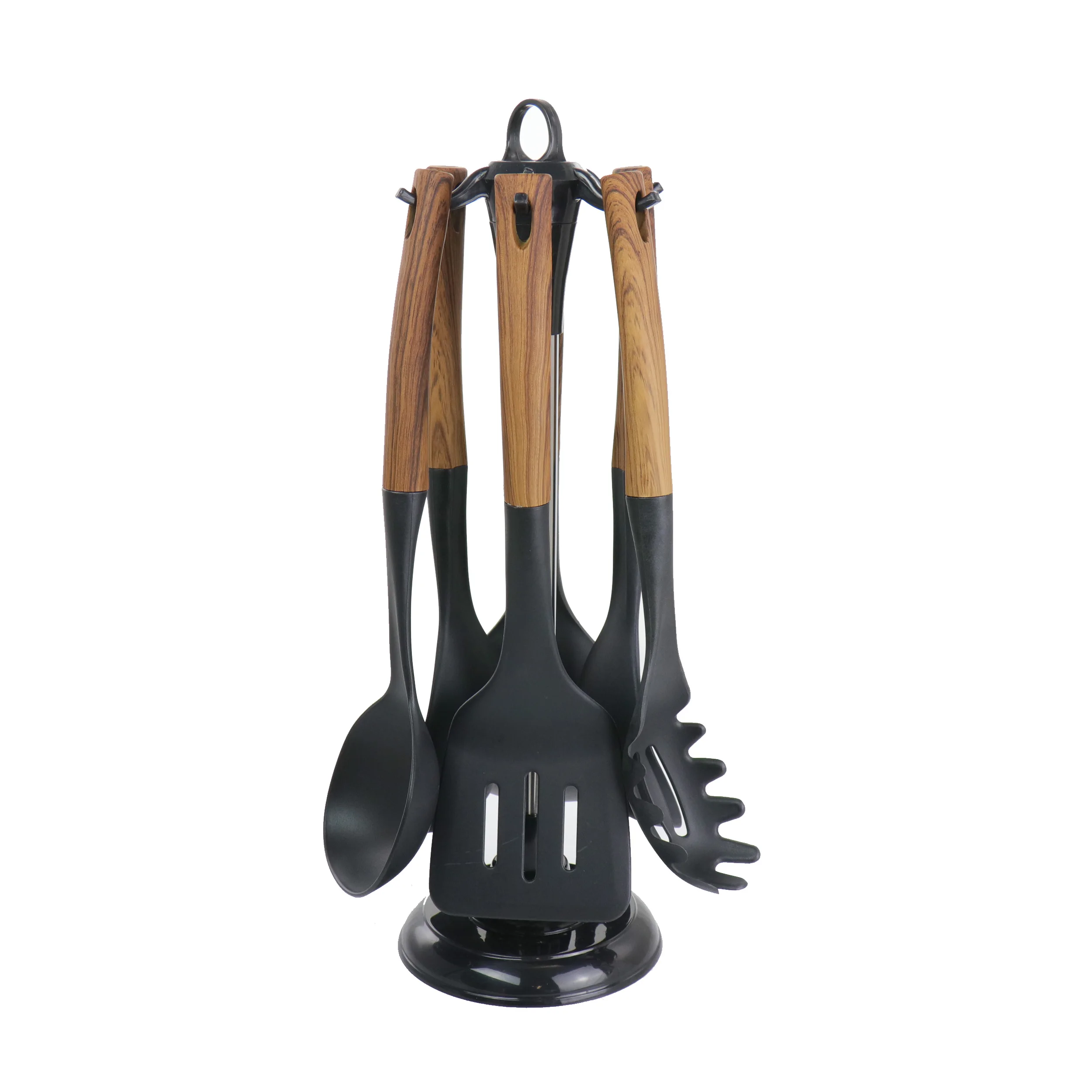 Black 7-piece nylon cooking tools featuring wood-grain texture and ergonomic handles for kitchen use
Black 7-piece nylon cooking tools featuring wood-grain texture and ergonomic handles for kitchen use