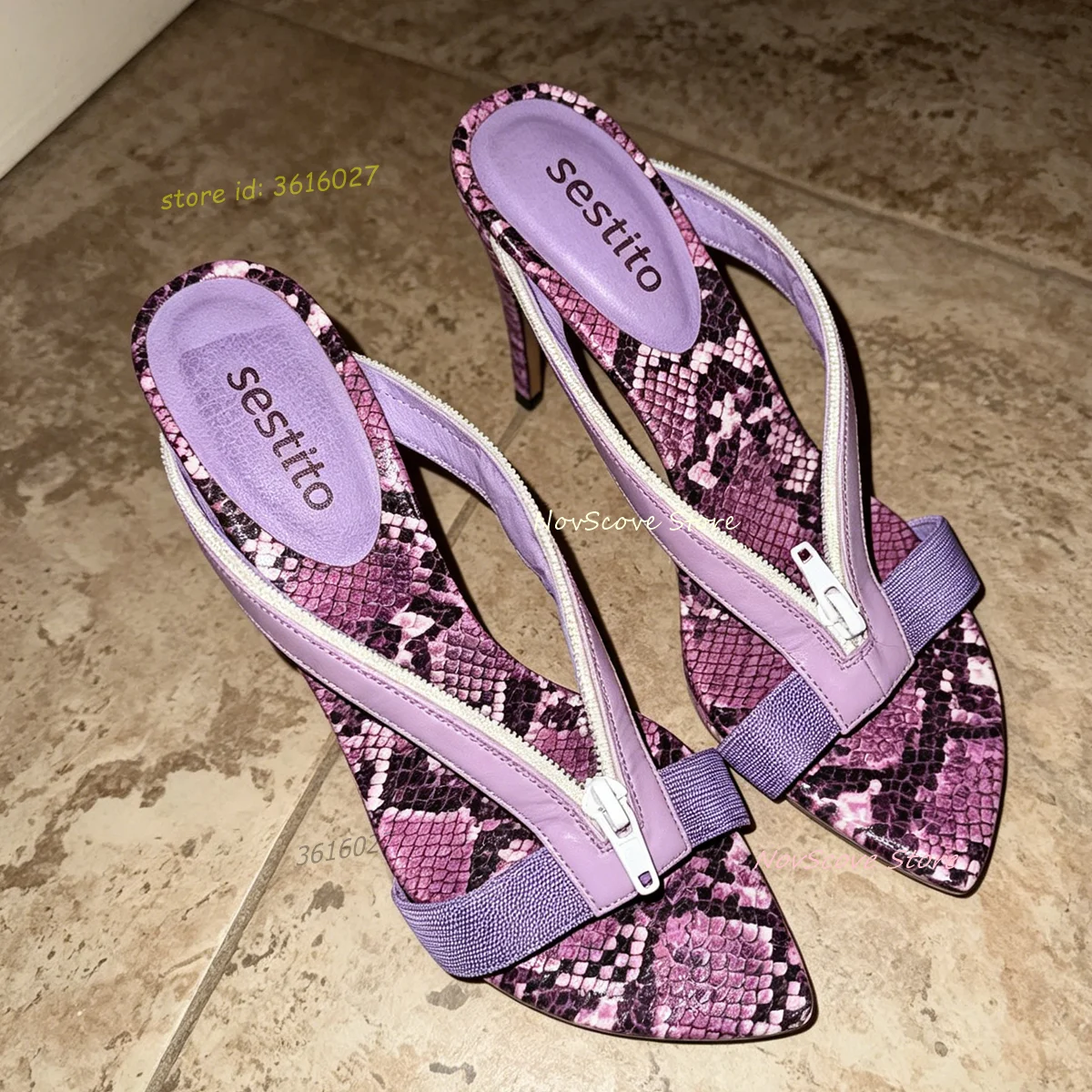 Pointy Toe Purple Mules Straps Zipper Open Toe Snake Pattern Leather Slio On High Heels Fashion Slippers Sexy Women Sandals
Pointy Toe Purple Mules Straps Zipper Open Toe Snake Pattern Leather Slio On High Heels Fashion Slippers Sexy Women Sandals