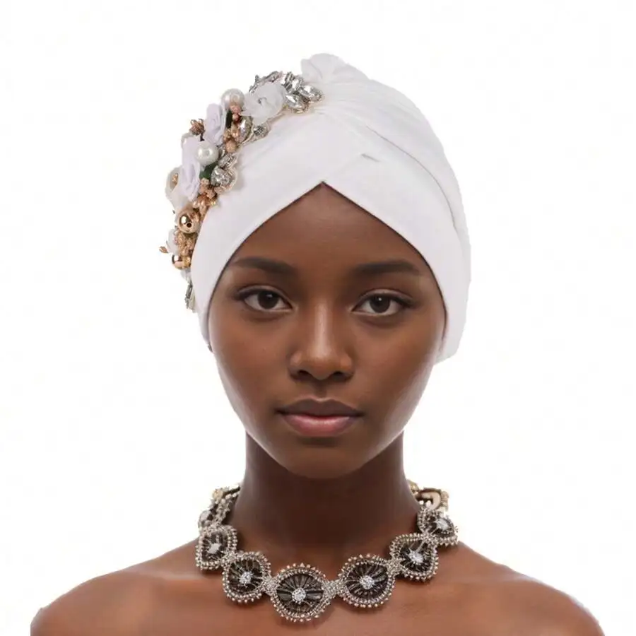 White Handmade Turban Headwrap With Floral Embellishments And Faux Pearls For Women
White Handmade Turban Headwrap With Floral Embellishments And Faux Pearls For Women