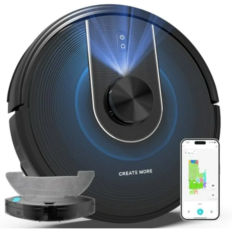 Robot Vacuum and Mop Combo for pet hair and hard floors/carpet, ABS plastic, black, 6000Pa suction with LiDAR mapping, auto-rec
Robot Vacuum and Mop Combo for pet hair and hard floors/carpet, ABS plastic, black, 6000Pa suction with LiDAR mapping, auto-rec