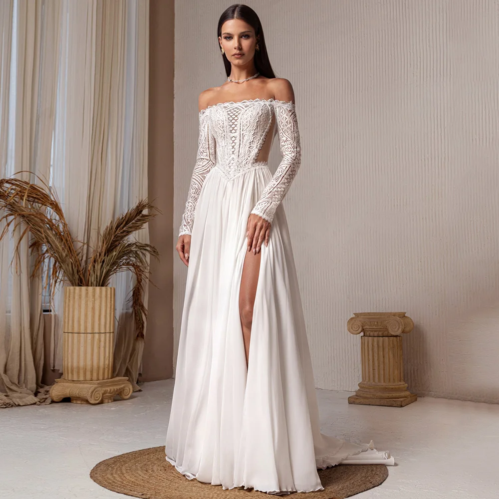 High Quality Chiffon Beach Wedding Dress with Side Slit Boat Neck Applique Off the Shoulder Long Sleeves Bridal Gowns Customized
High Quality Chiffon Beach Wedding Dress with Side Slit Boat Neck Applique Off the Shoulder Long Sleeves Bridal Gowns Customized