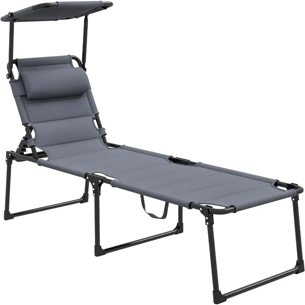 Gray Cushioned Adjustable Chaise Lounge with Sunshade and Pillow for Outdoor Relaxation, Beach, and Camping
Gray Cushioned Adjustable Chaise Lounge with Sunshade and Pillow for Outdoor Relaxation, Beach, and Camping
