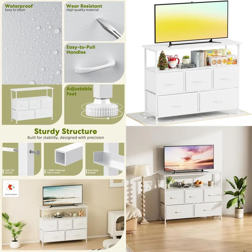 White Wood Top TV Stand Dresser with 5 Fabric Drawers, Bedroom Entertainment Center, Living Room Storage Media Console for up to
White Wood Top TV Stand Dresser with 5 Fabric Drawers, Bedroom Entertainment Center, Living Room Storage Media Console for up to
