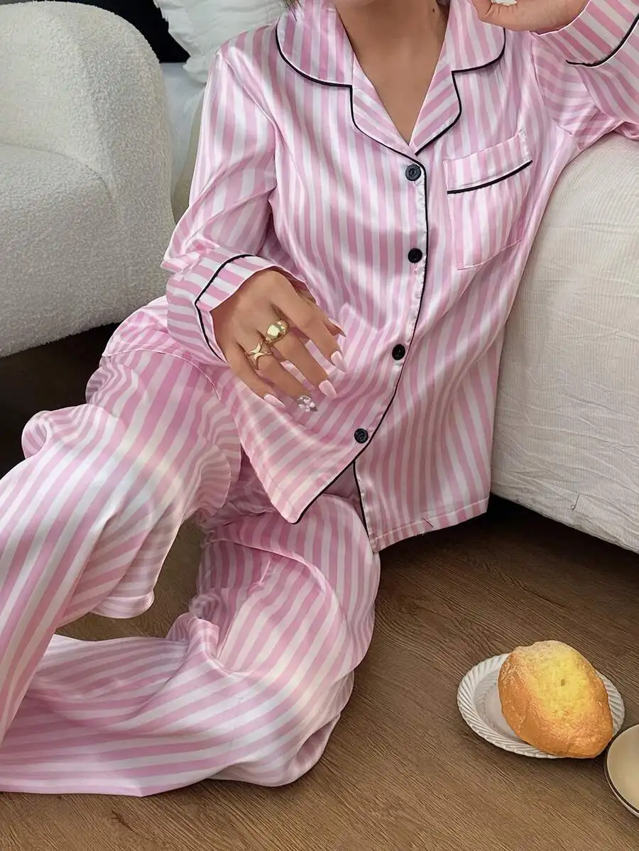 Women Pink Striped Long Sleeve Pajama Set Silk Satin Sleepwear
Women Pink Striped Long Sleeve Pajama Set Silk Satin Sleepwear