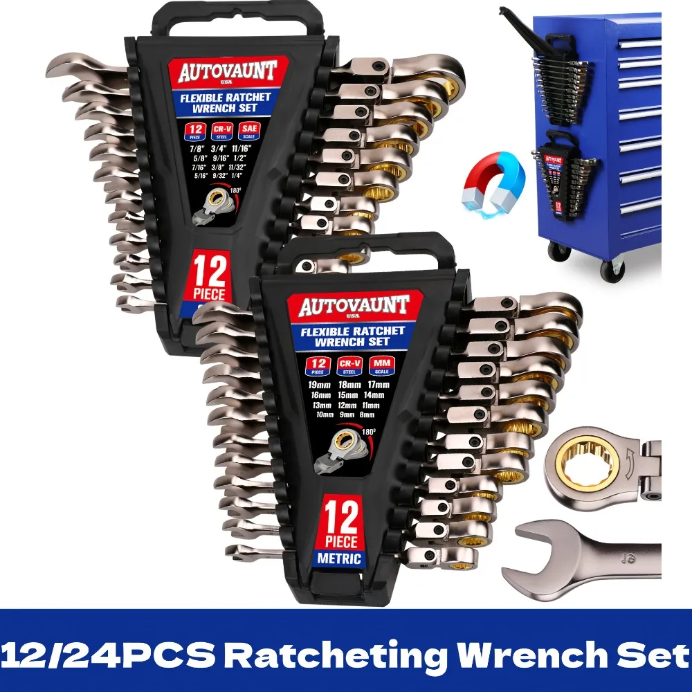 12/24pcs Flex-Head Ratcheting Wrench Set | Metric and SAE | Ratchet Combination Wrenches Set with Organizer
12/24pcs Flex-Head Ratcheting Wrench Set | Metric and SAE | Ratchet Combination Wrenches Set with Organizer