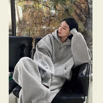 그레이 여성 운동복 세트 루즈핏 슬리밍 후드 티셔츠 캐주얼 2피스 세트 트렌디 봄 가을 학생 한국 스타일
