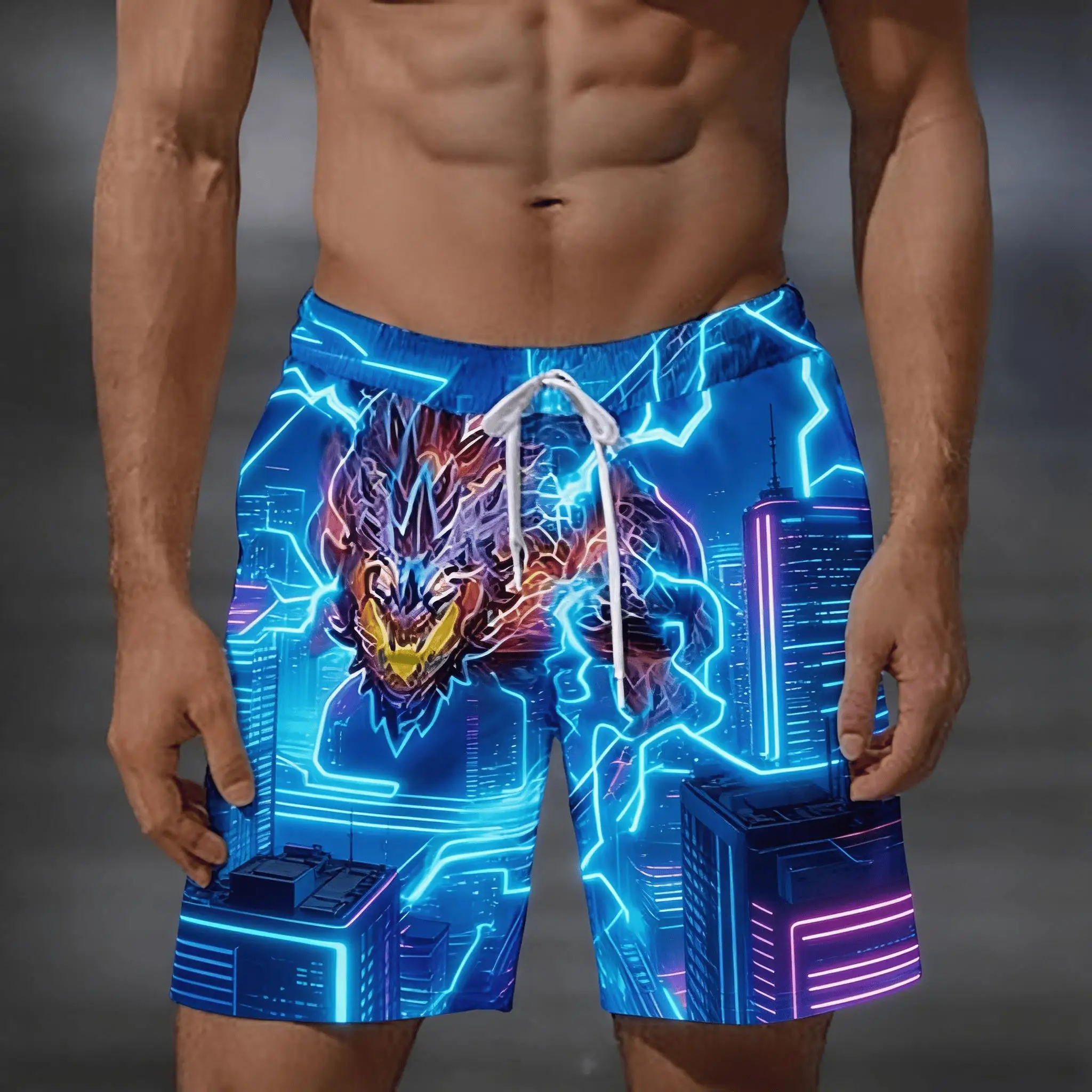 Men's Cyber Monster Lightning City Print Drawstring Shorts, Spring Summer Cyberpunk Casual Shorts, Pocket Beach Shorts
Men's Cyber Monster Lightning City Print Drawstring Shorts, Spring Summer Cyberpunk Casual Shorts, Pocket Beach Shorts