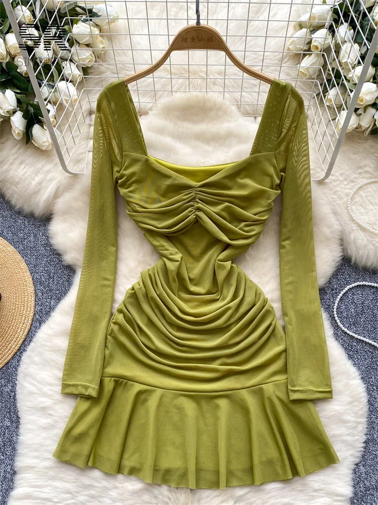 Sexy Mesh Short Slim Dress Long Sleeves Solid Ruched Bodycon Thin Ruffles Elegant Autumn Trendy Streetwear Women Dress
Sexy Mesh Short Slim Dress Long Sleeves Solid Ruched Bodycon Thin Ruffles Elegant Autumn Trendy Streetwear Women Dress