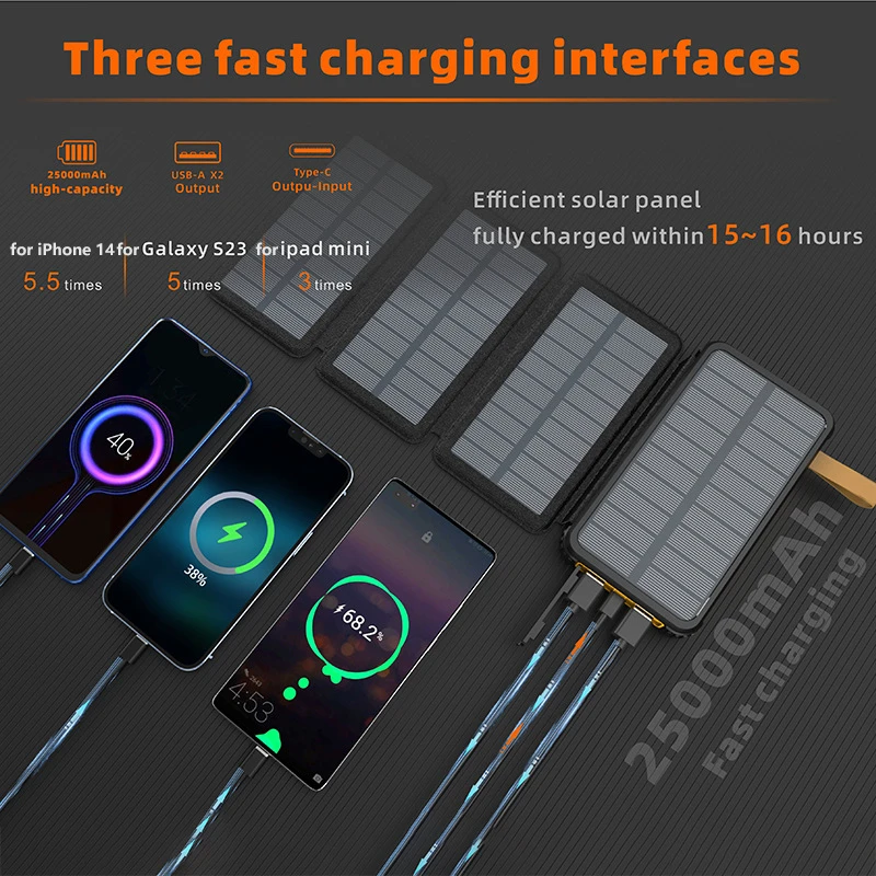 Outdoor Foldable Solar Power Bank with 4 Solar Panels 25000mAh Portable Charger Powerbank External Battery for iPhone 17 Samsung
Outdoor Foldable Solar Power Bank with 4 Solar Panels 25000mAh Portable Charger Powerbank External Battery for iPhone 17 Samsung