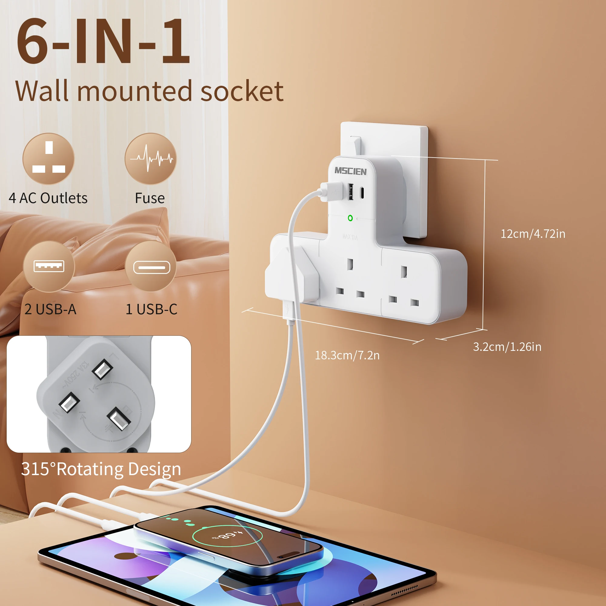MSCIEN Wall Mounted Multi Plug Adaptor with USB, 3 Way Socket Extender,315° Rotating Plug, 3250W Surge Protected for Home Office
MSCIEN Wall Mounted Multi Plug Adaptor with USB, 3 Way Socket Extender,315° Rotating Plug, 3250W Surge Protected for Home Office