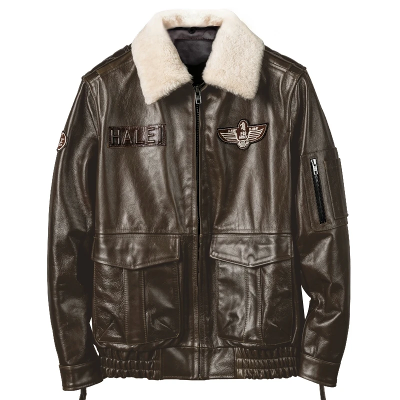 Brown Winter Leather Jacket Men Retro Style Plus Size 5XL Genuine Natural Cowhide Wool Turn-Down Collar Military Flight Coat
Brown Winter Leather Jacket Men Retro Style Plus Size 5XL Genuine Natural Cowhide Wool Turn-Down Collar Military Flight Coat