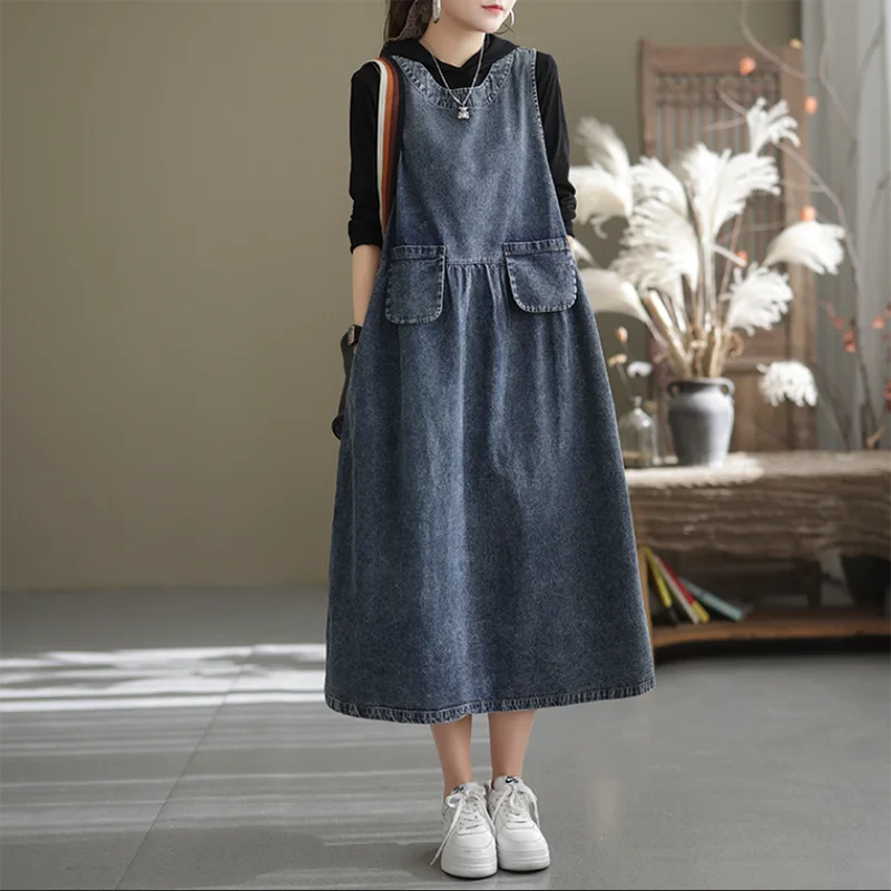 New Spring Summer Vintage Jeans Dresses Women's Korean Elegant Loose Medium Long Leisure Cowboy Strap Pullover Dress
New Spring Summer Vintage Jeans Dresses Women's Korean Elegant Loose Medium Long Leisure Cowboy Strap Pullover Dress