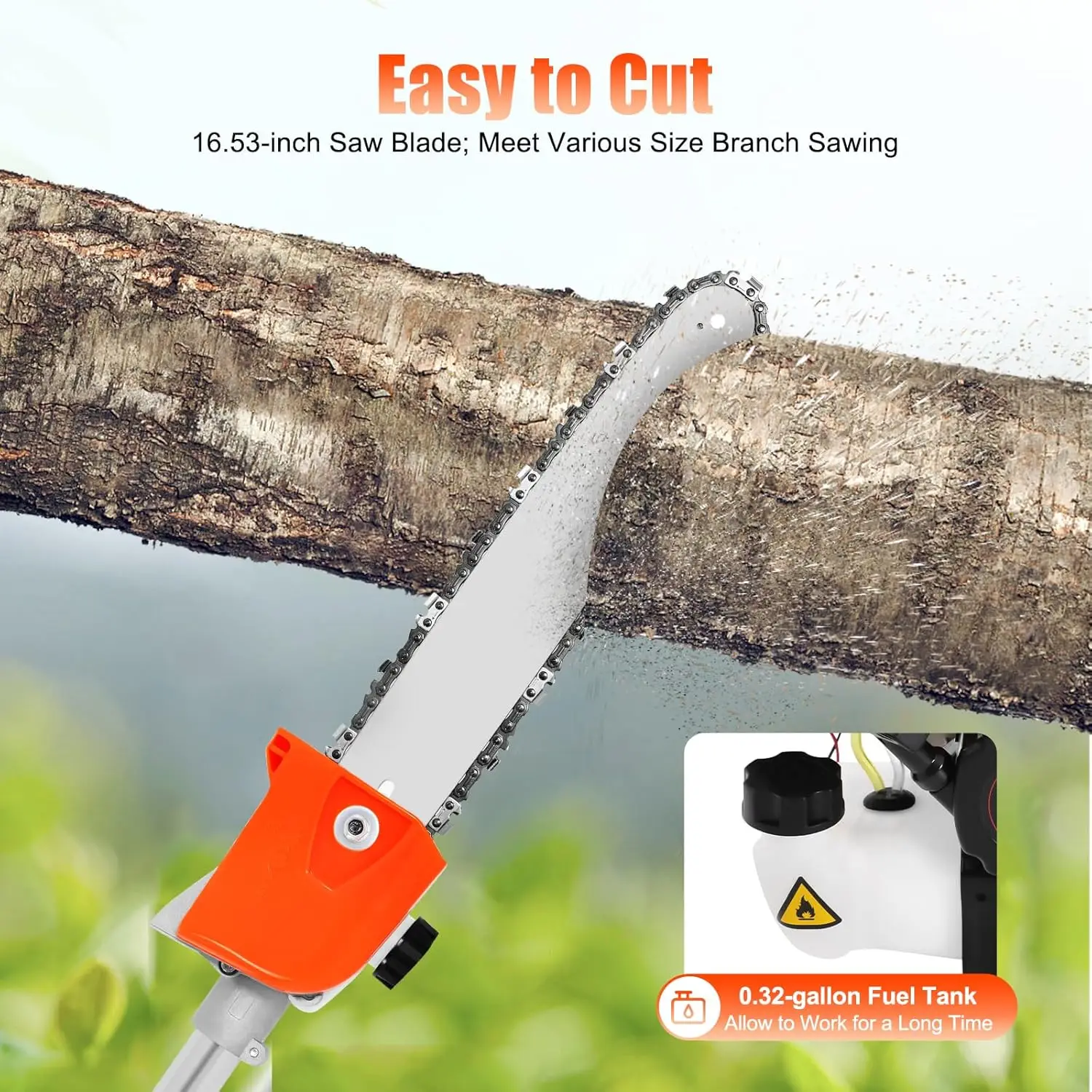 52cc 2-Stroke Gas Powered Pole Saw 1.25KW Gasoline Pole Chainsaw with 90.55" Detachable Long Pole for Tree Branch Pruning
52cc 2-Stroke Gas Powered Pole Saw 1.25KW Gasoline Pole Chainsaw with 90.55" Detachable Long Pole for Tree Branch Pruning