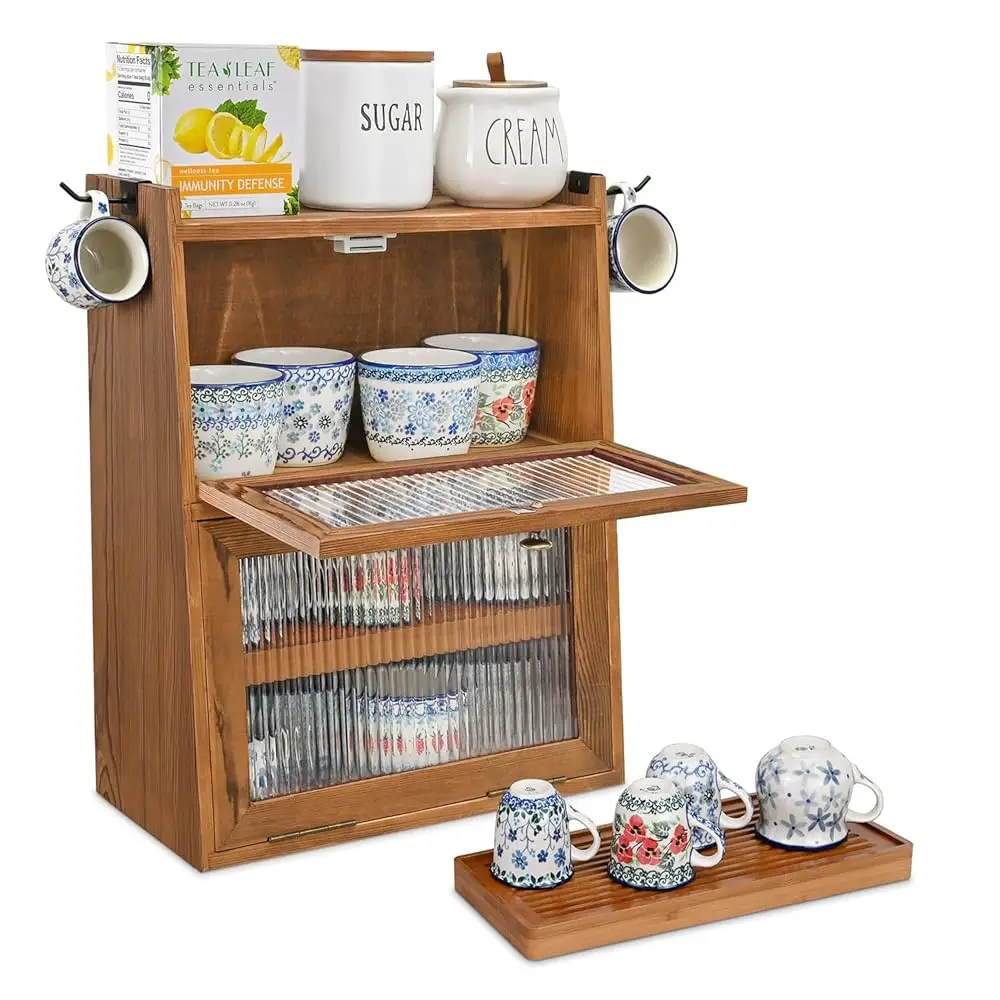 Rustic Wooden 2-Tier Countertop Storage Cabinet With Wavy Glass Doors, Cupboard Organizer With Removable Bamboo Tea Tray, For
Rustic Wooden 2-Tier Countertop Storage Cabinet With Wavy Glass Doors, Cupboard Organizer With Removable Bamboo Tea Tray, For