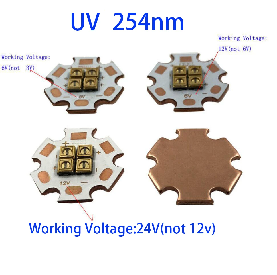 UV 254nm 3V 6V 12V 4 in 1 Deep UVC LED Ultraviolet Lamp Bulb Steriliza Equipment Board With 20mm Copper PCB
UV 254nm 3V 6V 12V 4 in 1 Deep UVC LED Ultraviolet Lamp Bulb Steriliza Equipment Board With 20mm Copper PCB