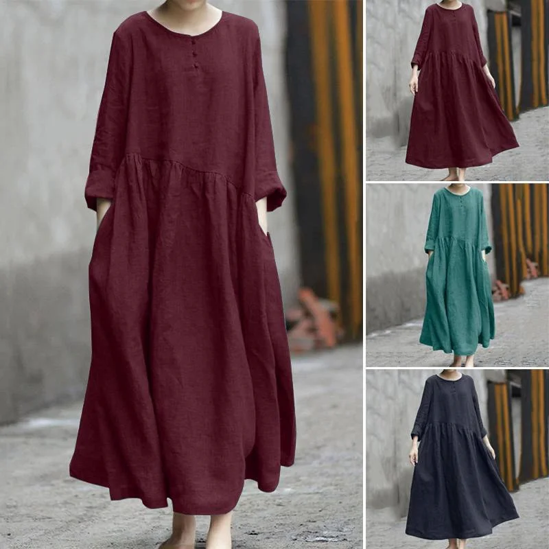 Cotton Linen Women Maxi Dress Casual Loose Buttons O Neck Long Sleeve Pockets New Baggy Dresses Vintage Boho Robe Femme Vestidos
Cotton Linen Women Maxi Dress Casual Loose Buttons O Neck Long Sleeve Pockets New Baggy Dresses Vintage Boho Robe Femme Vestidos