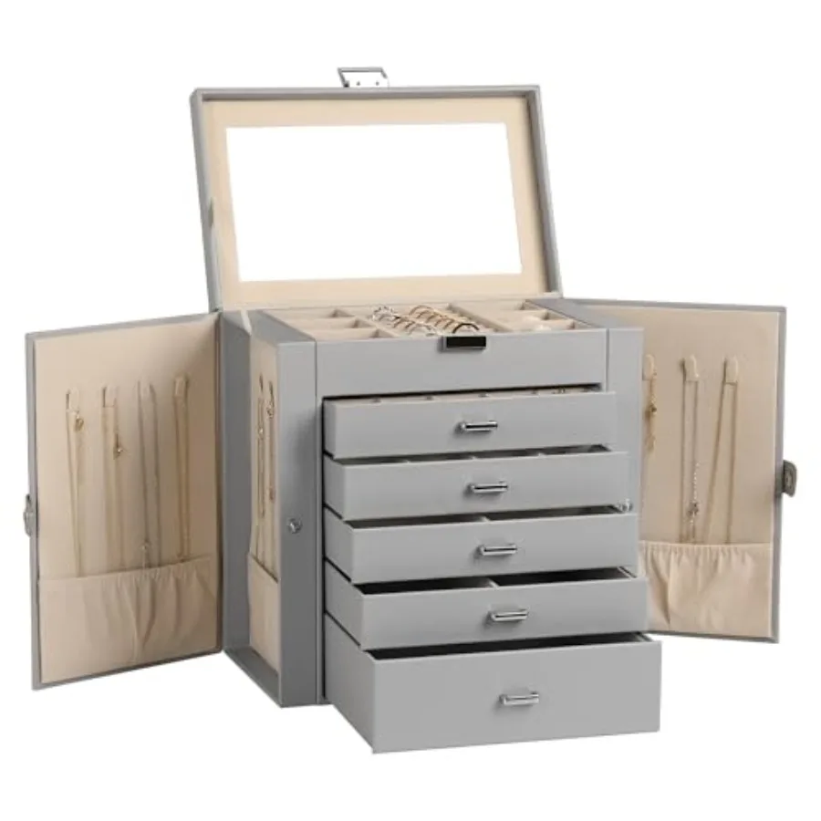 Большая шкатулка для драгоценностей, 6-уровневый органайзер для ювелирных изделий из искусственной кожи, многофункциональный футляр для хранения с зеркальным держателем для аксессуаров с 5 ящиками
Большая шкатулка для драгоценностей, 6-уровневый органайзер для ювелирных изделий из искусственной кожи, многофункциональный футляр для хранения с зеркальным держателем для аксессуаров с 5 ящиками