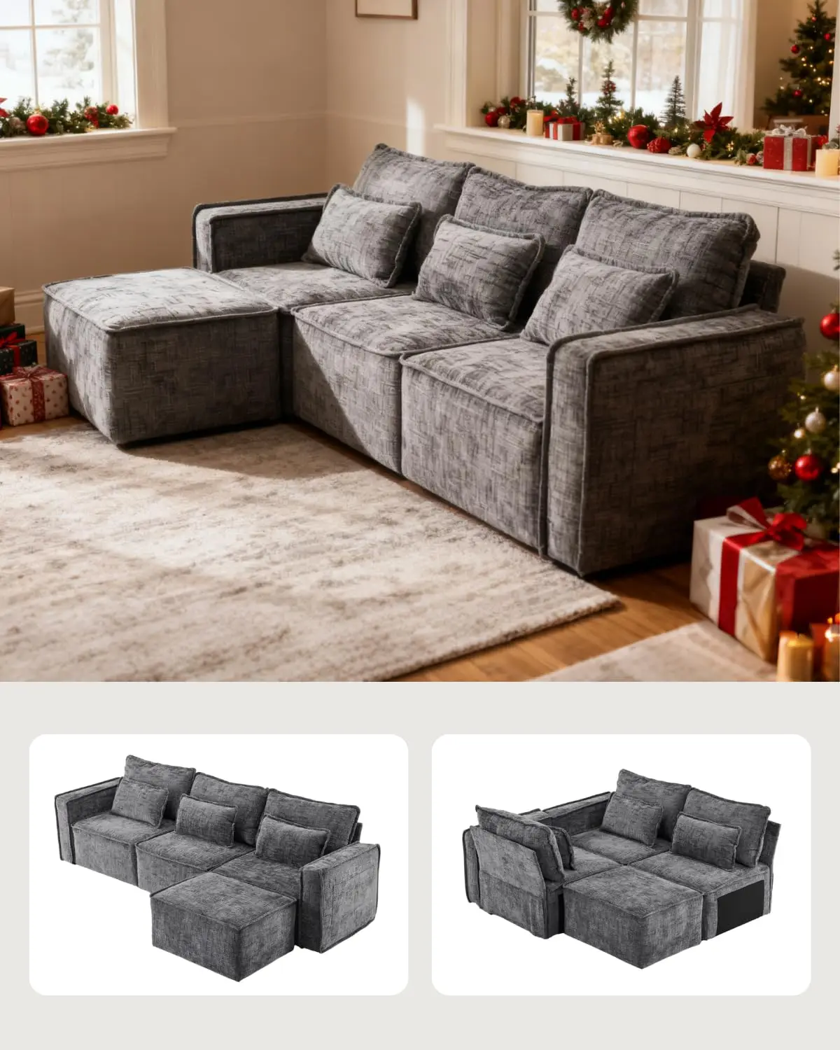 Модульный диван-трансформер 110 дюймов Cloud Sectional с отдельно стоящим пуфом, 3-местный бескаркасный диван L-образной формы, на заказ
Модульный диван-трансформер 110 дюймов Cloud Sectional с отдельно стоящим пуфом, 3-местный бескаркасный диван L-образной формы, на заказ