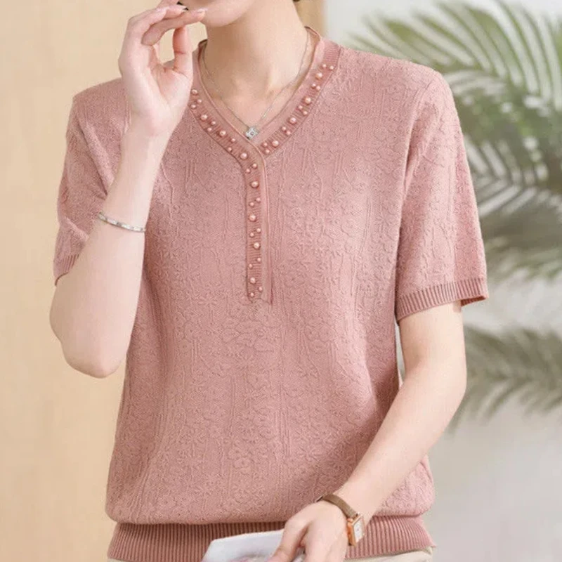 Simplicity Office Lady Summer new Women Solid Ice Silk V-Neck Embroidered Flares Short Sleeve Loose Pullovers T-Shirts Knit Tops
Simplicity Office Lady Summer new Women Solid Ice Silk V-Neck Embroidered Flares Short Sleeve Loose Pullovers T-Shirts Knit Tops