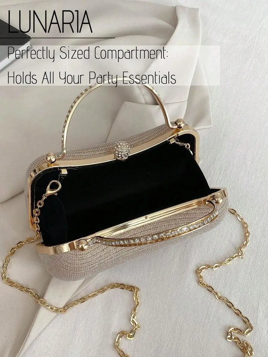 Elegant Rhinestone-Embellished Mini Clutch With Gold Chain Strap, Perfect For Evening Events, Weddings, Proms And Parties
Elegant Rhinestone-Embellished Mini Clutch With Gold Chain Strap, Perfect For Evening Events, Weddings, Proms And Parties