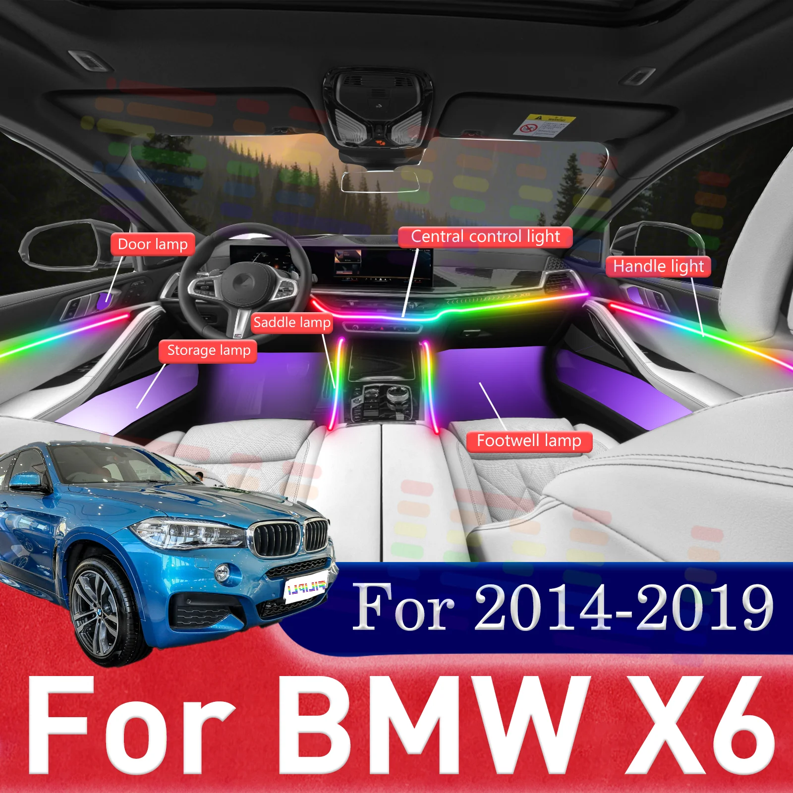 For BMW X6 Car Interior Decorative Ambient Light RGB 64-Color LED Quick-Fit Installation Kit For 2014-2019
For BMW X6 Car Interior Decorative Ambient Light RGB 64-Color LED Quick-Fit Installation Kit For 2014-2019