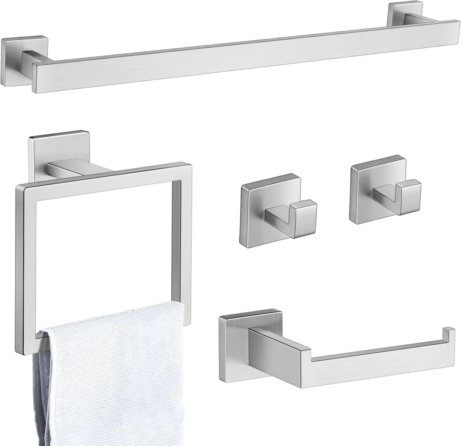 23.5" 5-Piece Brushed Nickel Bathroom Hardware Set, Towel Rack, Toilet Paper Holder, Ring & Hooks
23.5" 5-Piece Brushed Nickel Bathroom Hardware Set, Towel Rack, Toilet Paper Holder, Ring & Hooks