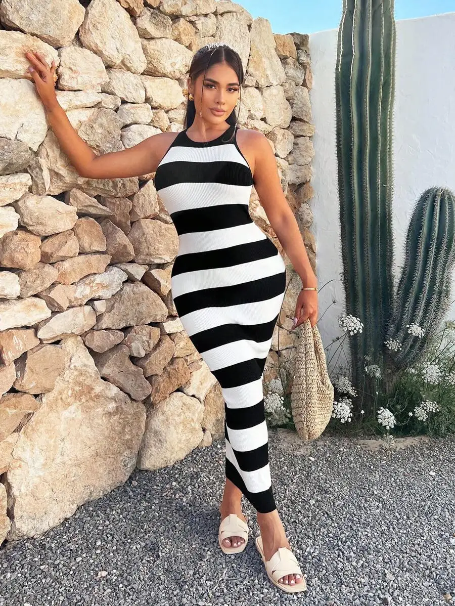 Women’s Sleeveless High-Cut Black White Horizontal Ribbed Knit Bodycon Maxi Dress
Women’s Sleeveless High-Cut Black White Horizontal Ribbed Knit Bodycon Maxi Dress