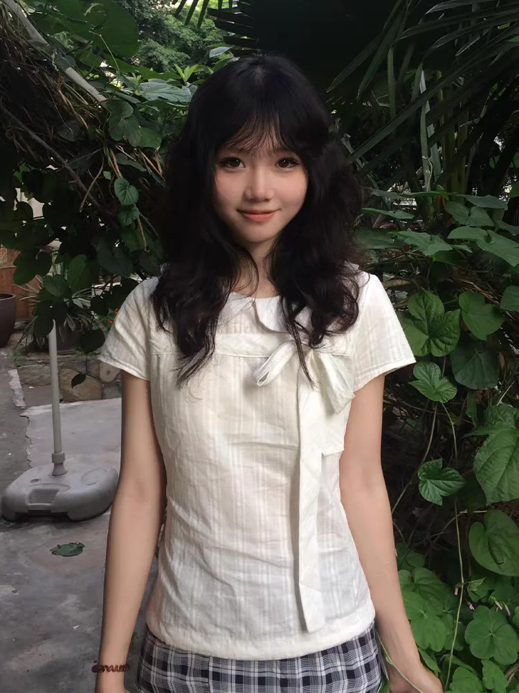 White Miu irt ort Sve Women Summer Knot Tie Doll Collar irt Jaet Slim Sweet Top Korean Sle Commute Wind
White Miu irt ort Sve Women Summer Knot Tie Doll Collar irt Jaet Slim Sweet Top Korean Sle Commute Wind
