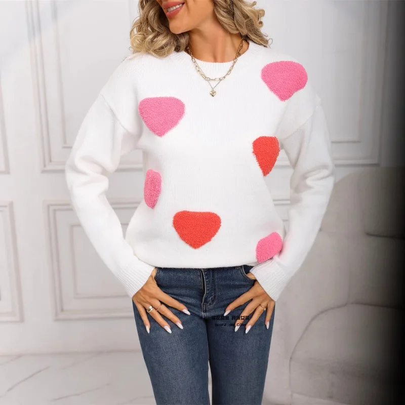 Женский свитер больших размеров, вязаный новый пуловер с круглым вырезом и контрастным цветом Love, свитер 
Женский свитер больших размеров, вязаный новый пуловер с круглым вырезом и контрастным цветом Love, свитер