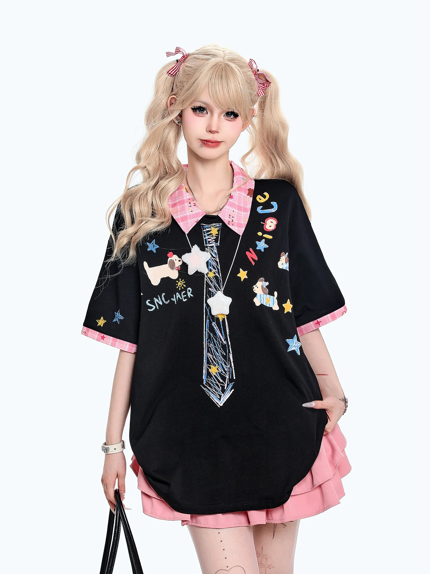 Retro American Cute College Style Cartoon Print Neck Short Sleeve T-Shirt Women Summer Loose Slimming Top Casual Cotton
Retro American Cute College Style Cartoon Print Neck Short Sleeve T-Shirt Women Summer Loose Slimming Top Casual Cotton
