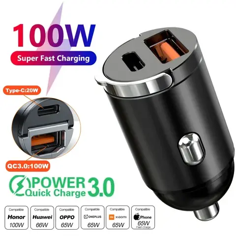 Mini 100W PD QC anillo de tracción cargador de coche de carga rápida USB C adaptador de cargador de teléfono de coche para iPhone 13 12 Xiaomi Samsung Huawei