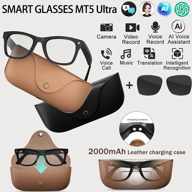 MT5 Ultra Smart AI Glasses With 2000mAhCharging Case 8MP HD Camera Video Recording Voice Call Intelligent AI Translation
MT5 Ultra Smart AI Glasses With 2000mAhCharging Case 8MP HD Camera Video Recording Voice Call Intelligent AI Translation