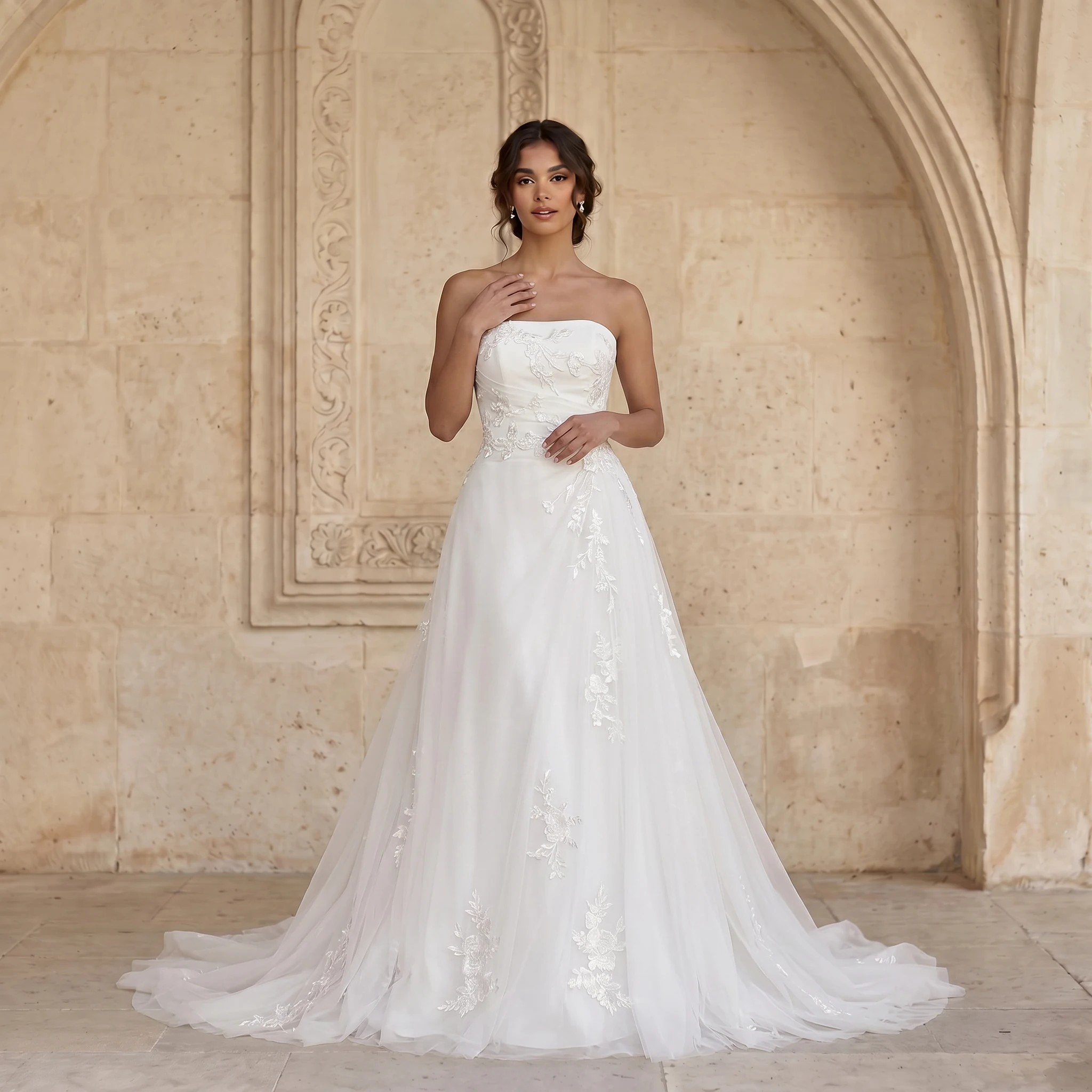 Strapless A Line Tulle Wedding Dress Cascading Floral Lace Appliques Corset Lace Up Back Chapel Train Bridal Gown
Strapless A Line Tulle Wedding Dress Cascading Floral Lace Appliques Corset Lace Up Back Chapel Train Bridal Gown