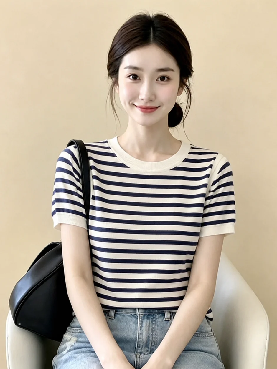 Fashionable Loose Stripe Short Sleeve Knitwear round Neck Summer Slimming Top Casual Straight Cut Knitted Summer Fashion Wome...
Fashionable Loose Stripe Short Sleeve Knitwear round Neck Summer Slimming Top Casual Straight Cut Knitted Summer Fashion Wome...