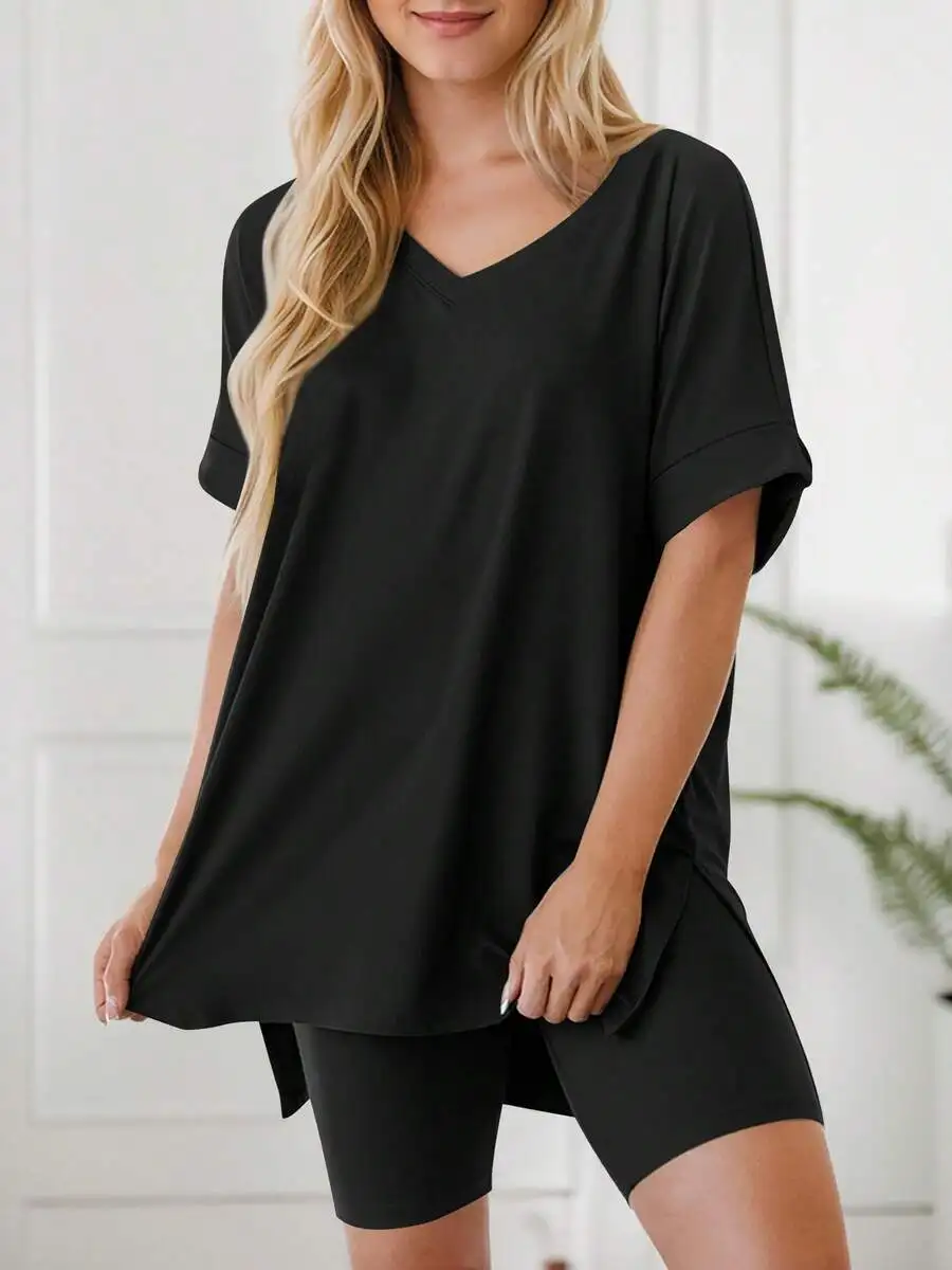 Womens V-Neck Rolled Sleeve Slit Short Sleeve Top And Slim Shorts Home Wear Set Black
Womens V-Neck Rolled Sleeve Slit Short Sleeve Top And Slim Shorts Home Wear Set Black