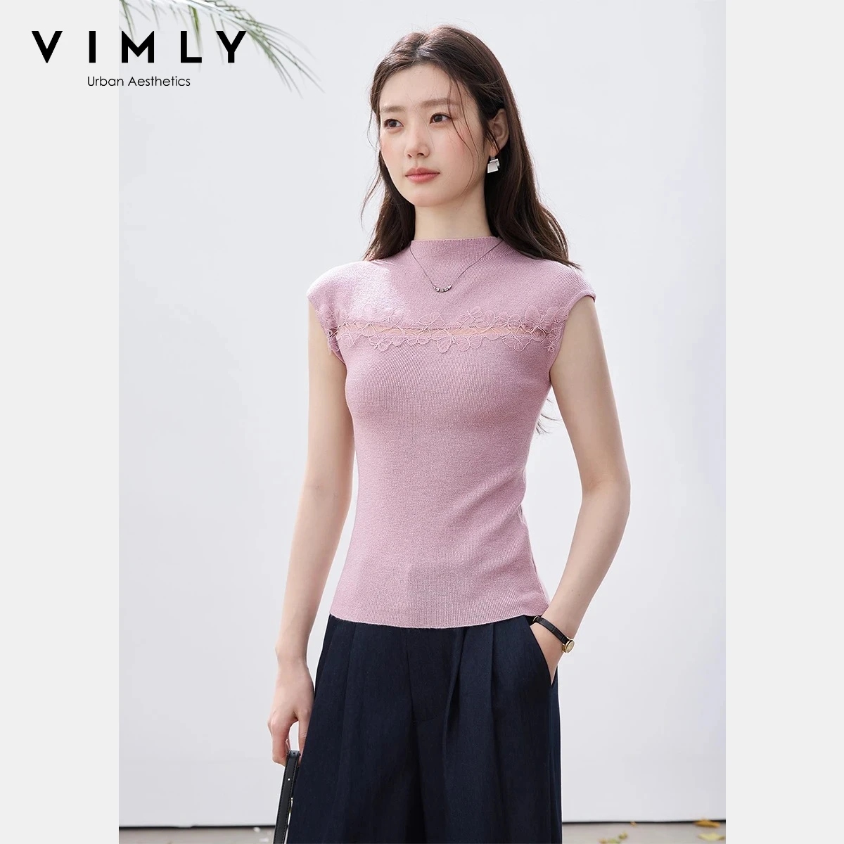 VIMLY Women's Casual Mock Neck Knit T-shirt 2026 Summer New Fashion Pink Lace Cut Out Patch Design Slim Sleeveless Top 75310
VIMLY Women's Casual Mock Neck Knit T-shirt 2026 Summer New Fashion Pink Lace Cut Out Patch Design Slim Sleeveless Top 75310