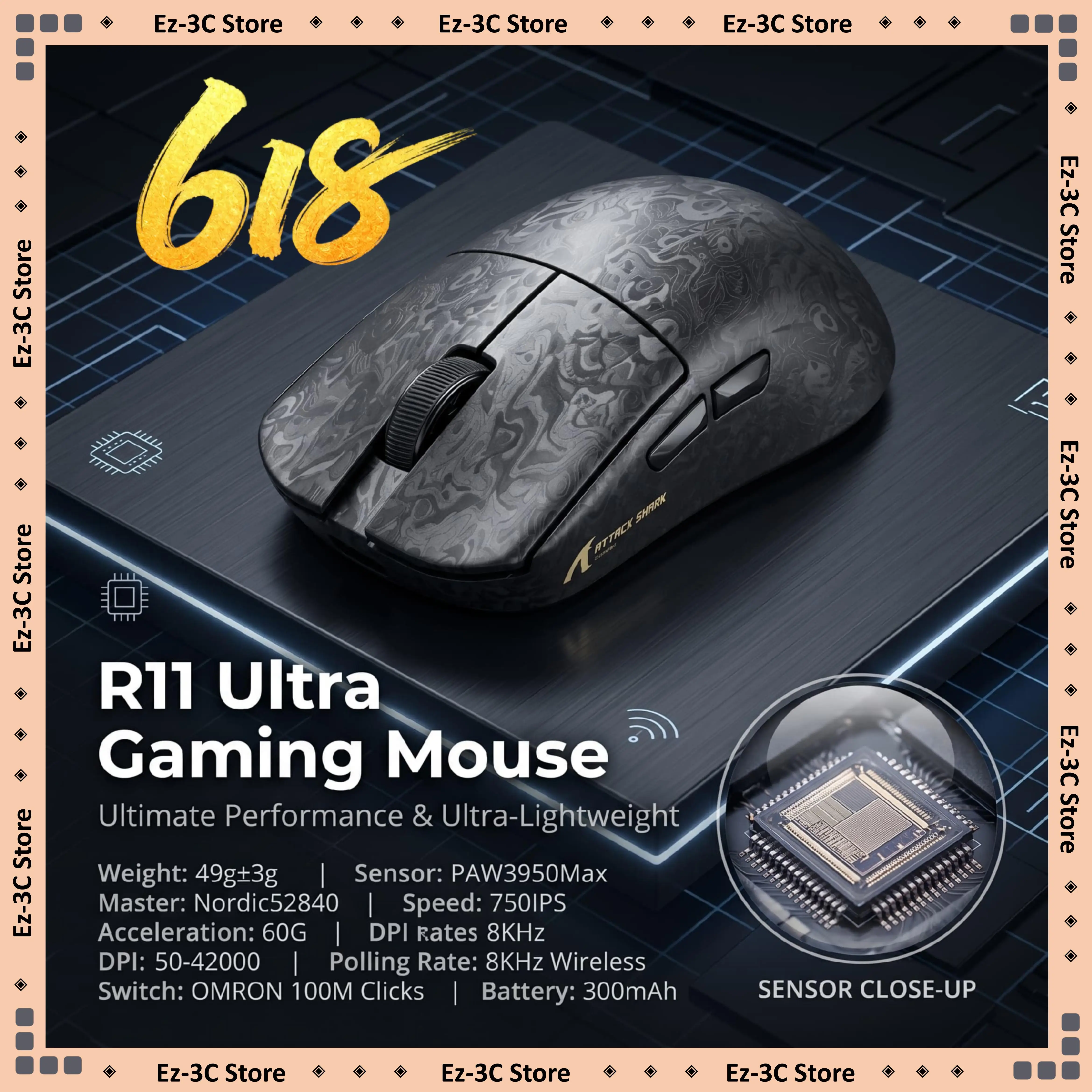 ATTACK SHARK R11 Ultra Tri-Mode Gaming Mouse PAW3950MAX Nordic52840 Wireless 8KHz Polling 49g Ultra Light 42000DPI
ATTACK SHARK R11 Ultra Tri-Mode Gaming Mouse PAW3950MAX Nordic52840 Wireless 8KHz Polling 49g Ultra Light 42000DPI
