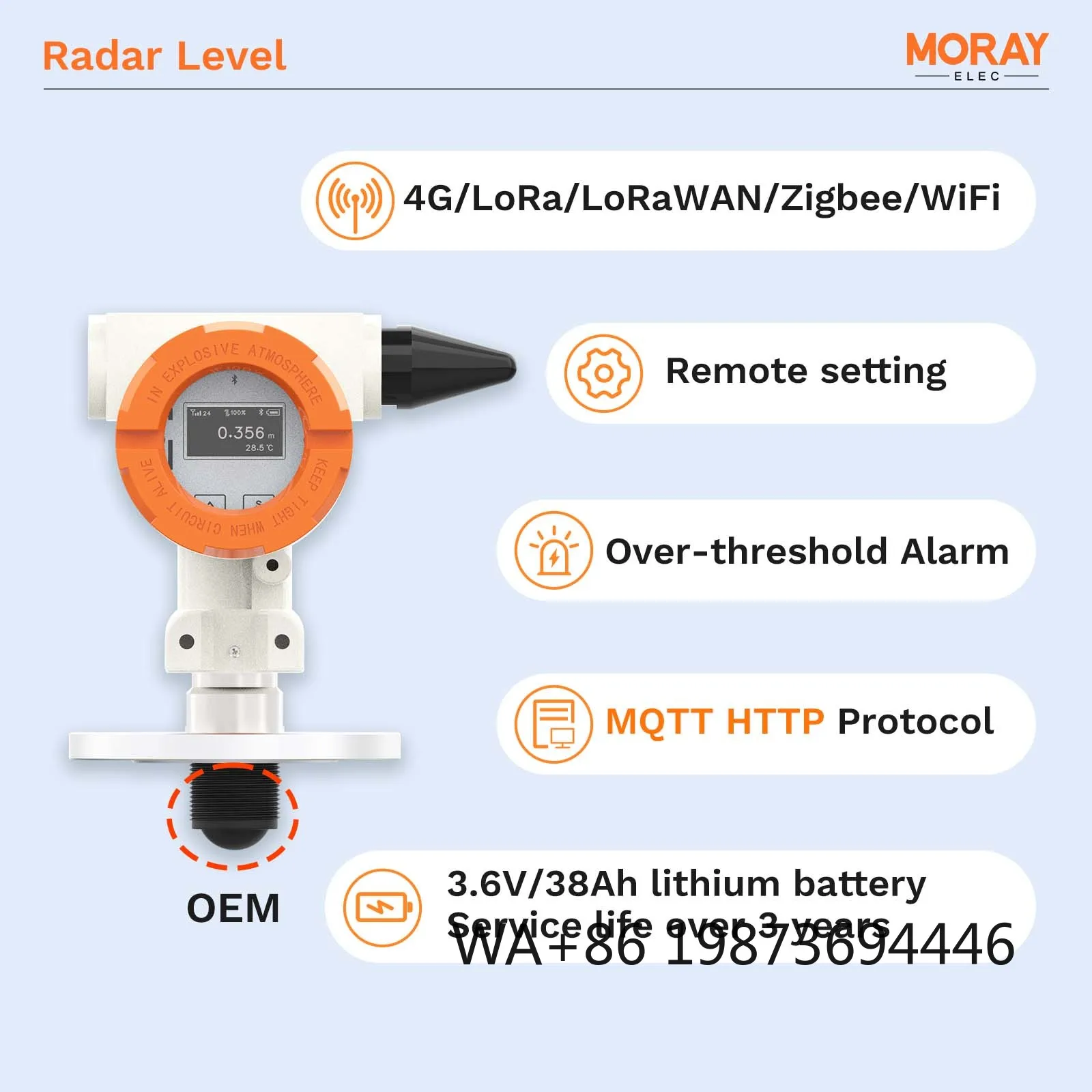 Moray ME6001R OLED Display Radar Level Meter, 4G LoRaWAN Wireless Tank Sensor
